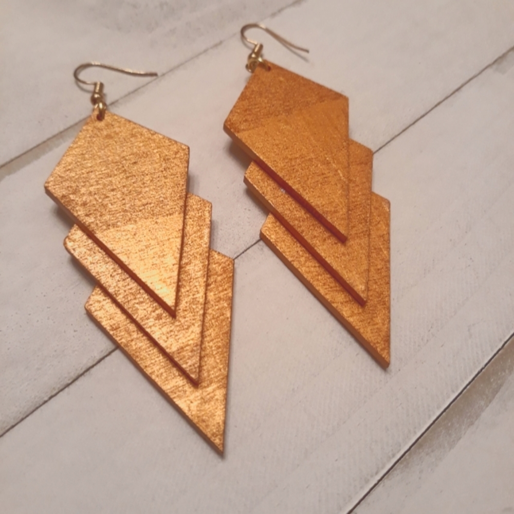 Hand Painted Wood/Diamond Shaped Earrings/Gold